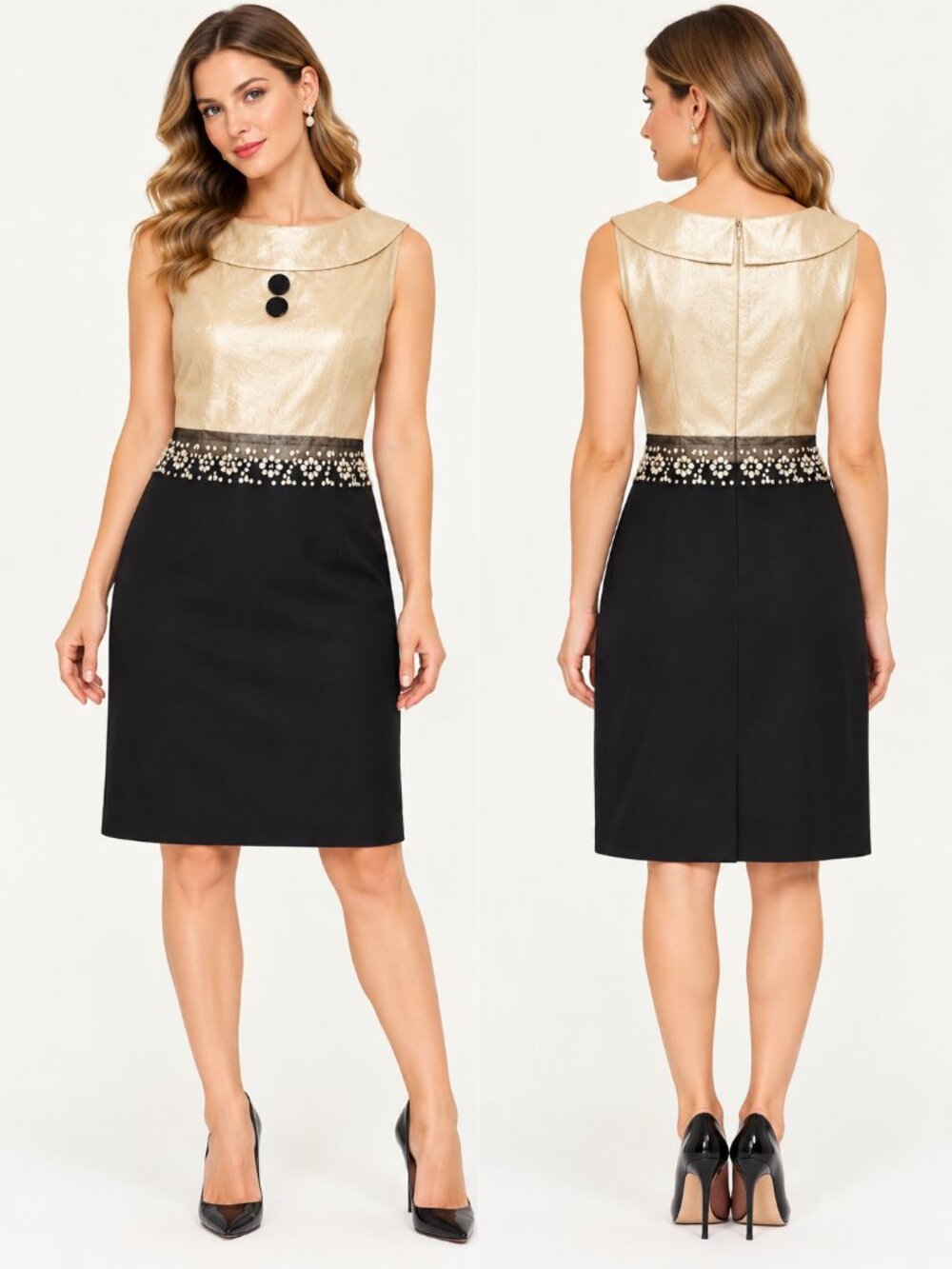 Robert Rodriguez Black Gold Beaded Waist Sleeveless Cocktail Dress Size 10